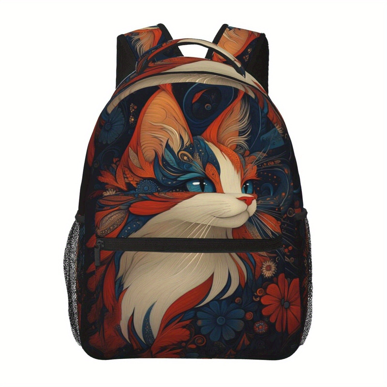 Backpack with Psychedelic Cat Print, Lightweight Polyester, Padded Laptop Compartment