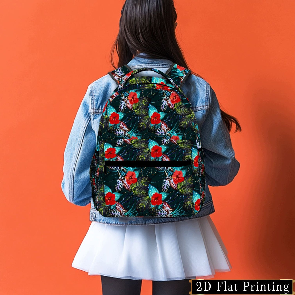 Backpack with Red Floral Print - Student Bag, Zippered, Washable, Laptop Bag