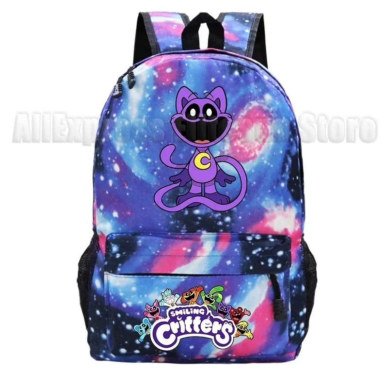 Backpack with smiling creature, cartoon, anime, manga, student backpack, Brand no brand