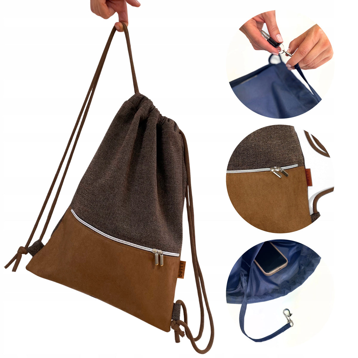 Backpack women's back bag with drawstring pocket large brown
