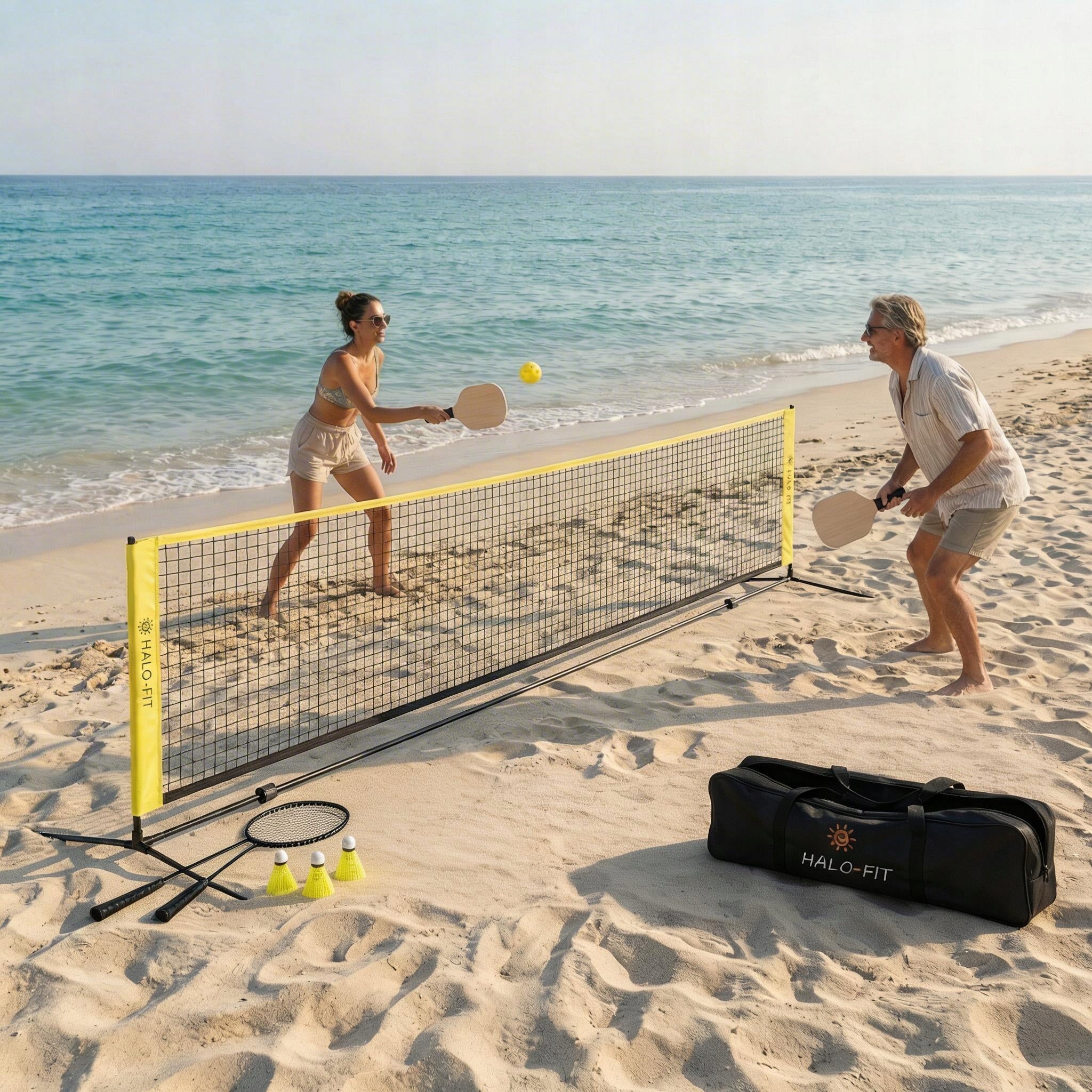 Badminton and pickleball net set, 4 rackets, shuttlecocks and balls Brand Halofit