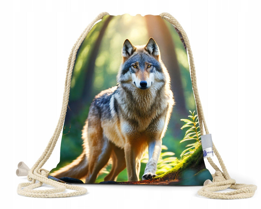 Bag with Wolf / Workoplecak / Cotton cord / Reflector / Wolf in the forest