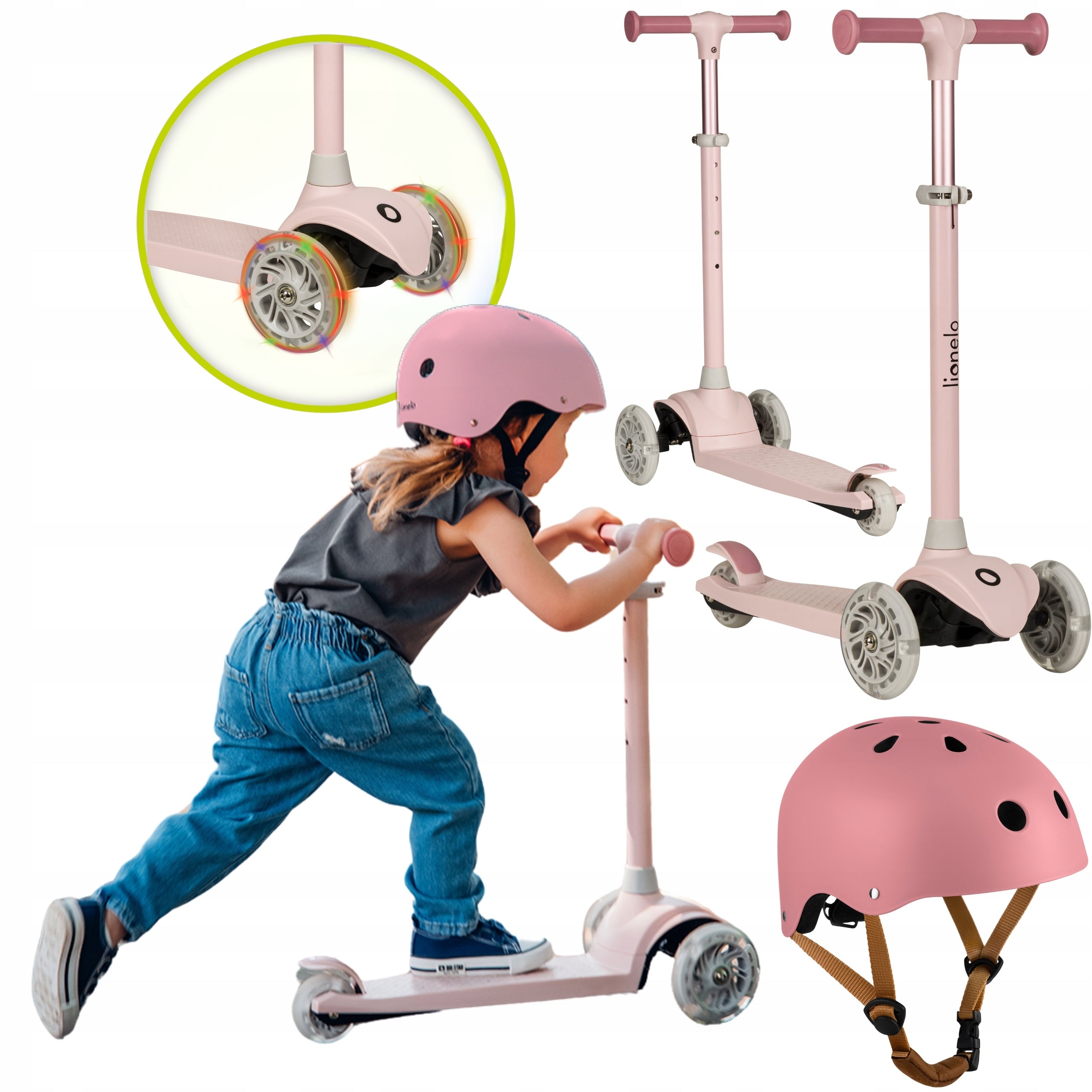 Balance scooter three-wheeled LED WHEELS Lionelo Jessy SET IN HELMET Manufacturer code LO-JESSY PINK ROSE + HELMET PINK ROSE
