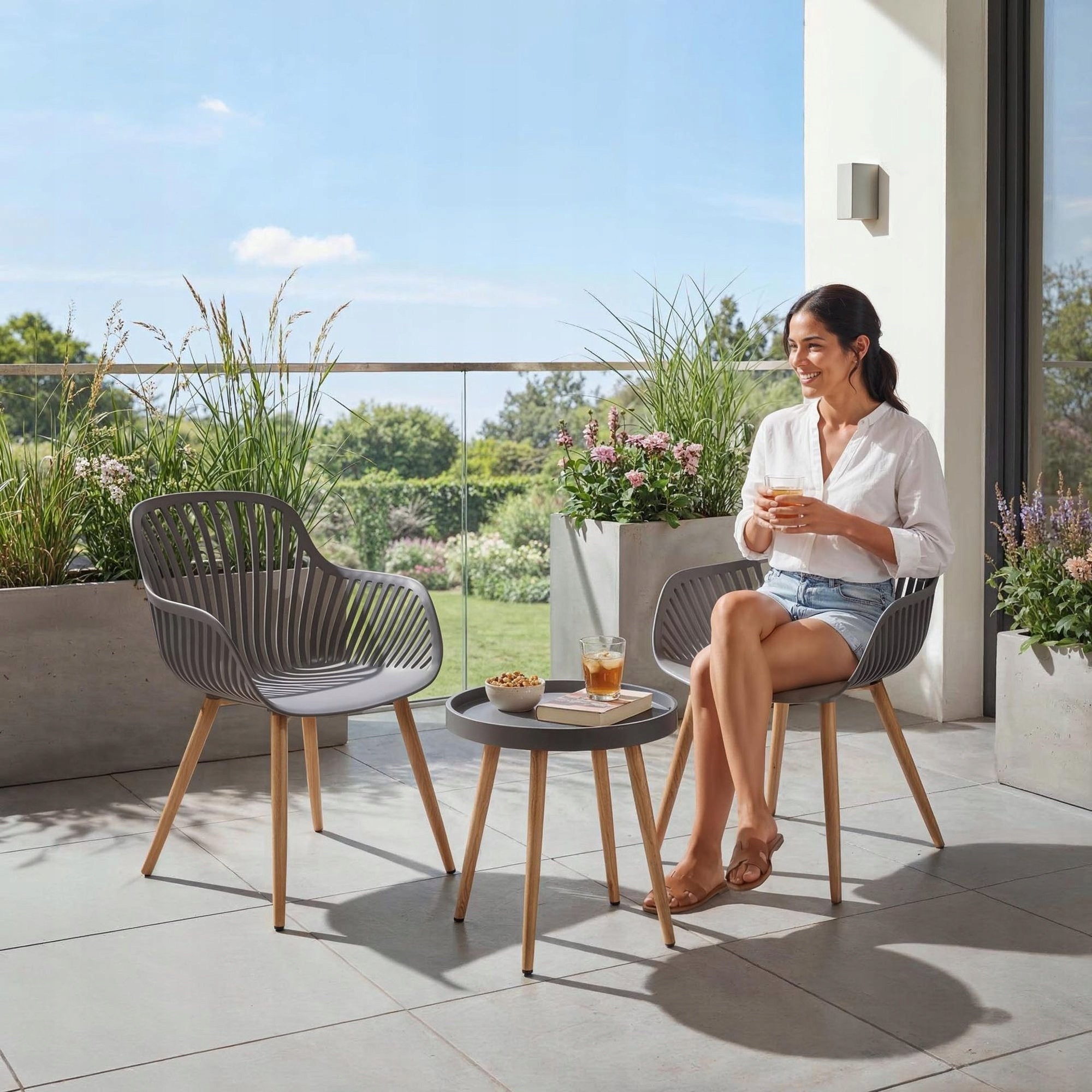Balcony Garden Furniture Set 2+1 Table + Chairs Wood Style For Terrace Packaging status original