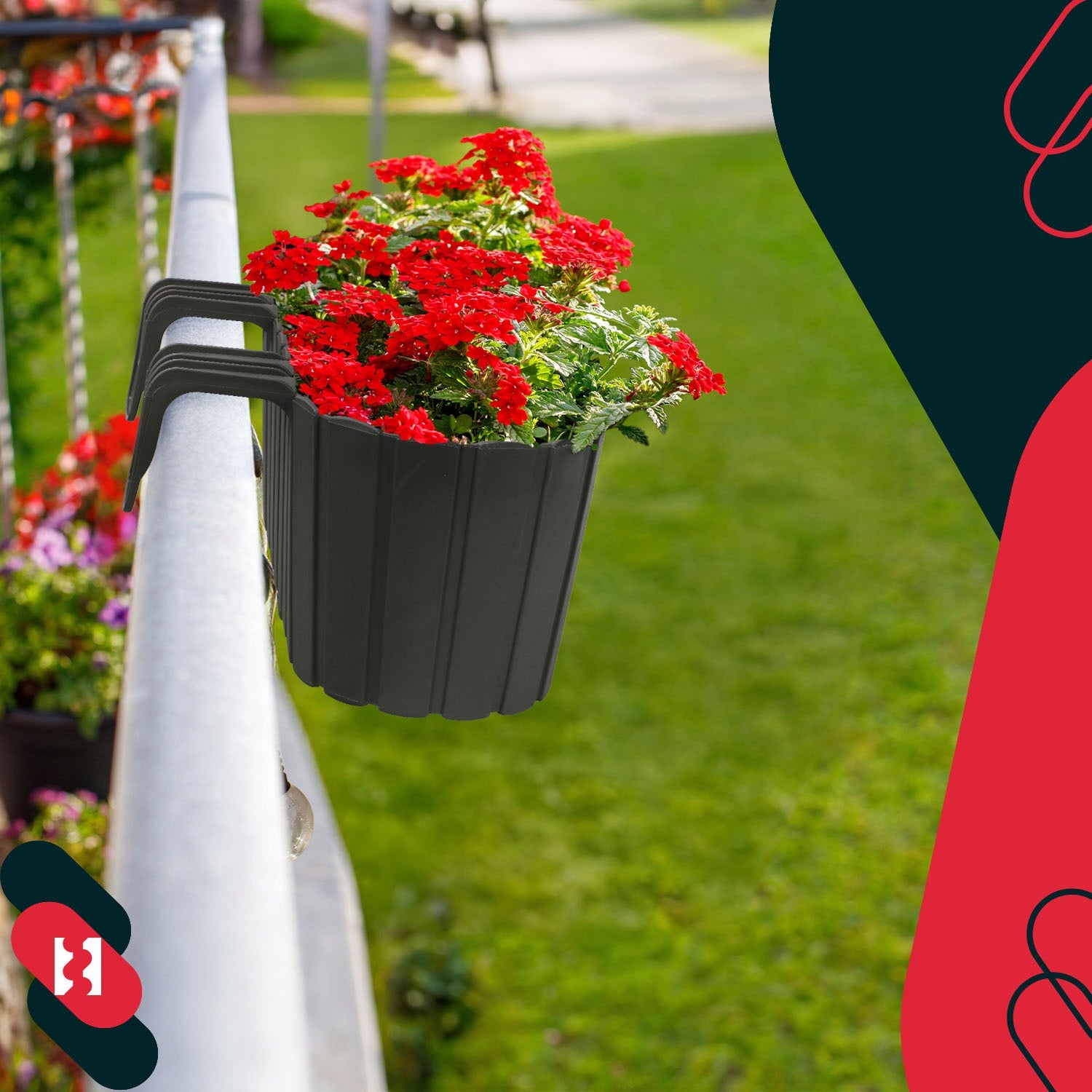 Balcony flower pot 40 cm slats box with railing holders grey Material synthetic material