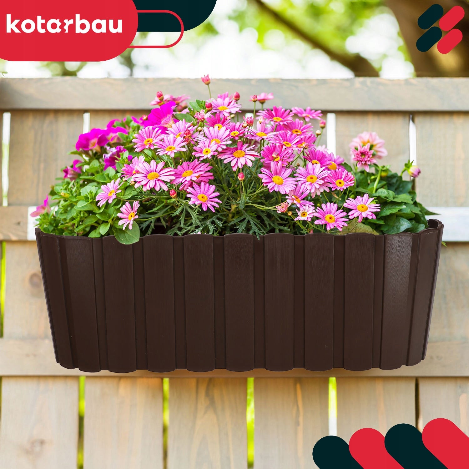 Balcony pot 40cm slats box with railing holders brown Maximum length 40 cm