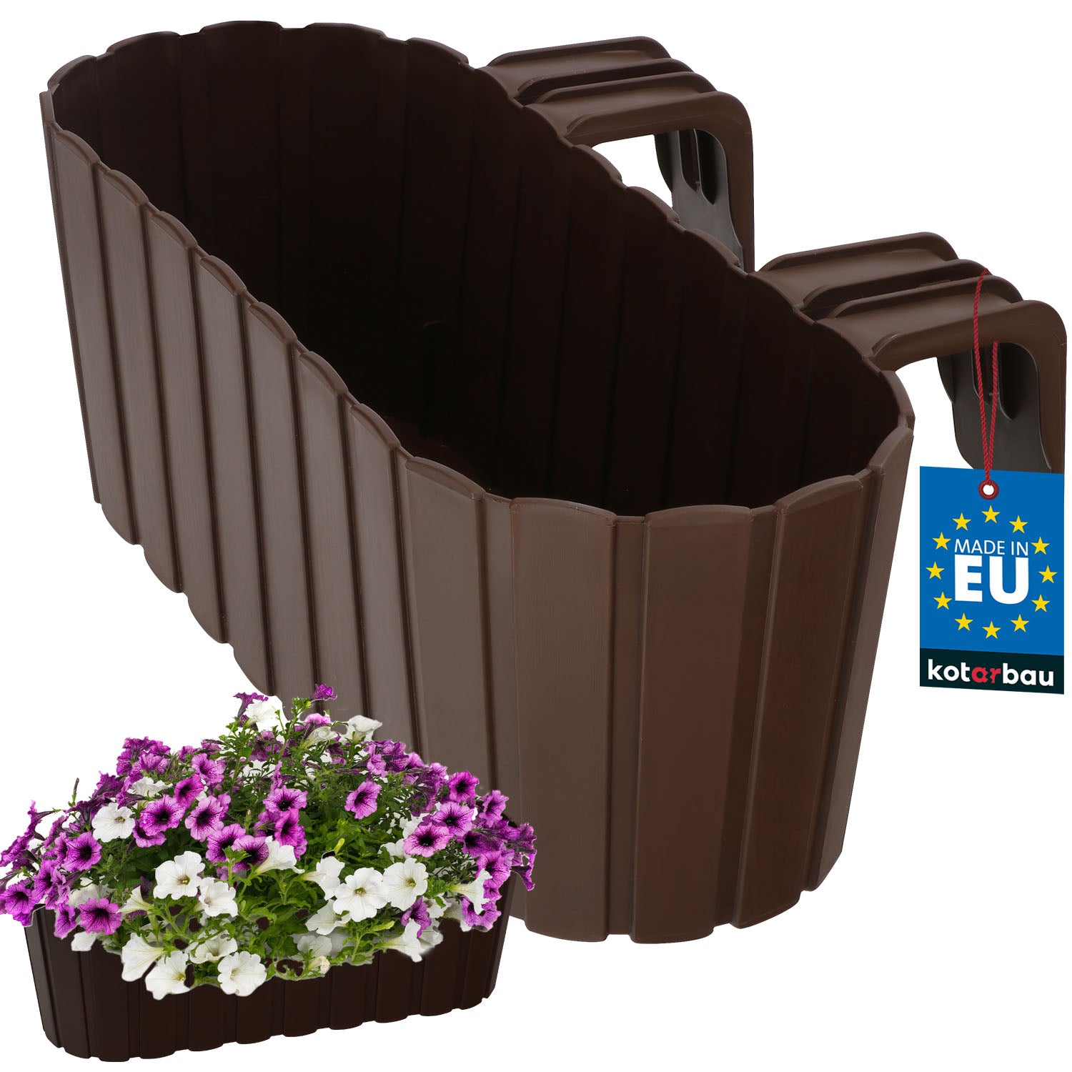 Balcony pot 40cm slats box with railing holders brown