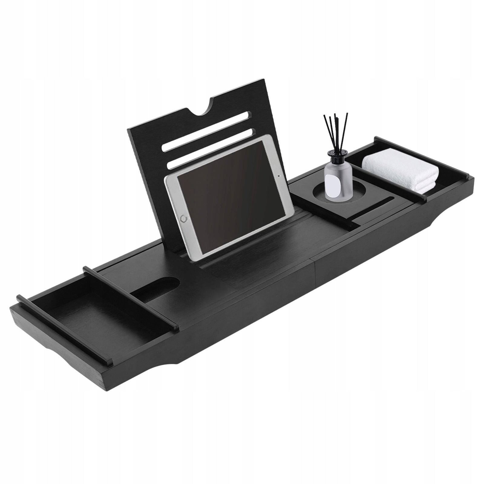 Bamboo Black Expandable Bathtub Shelf Caddy Tray for Candle Towel