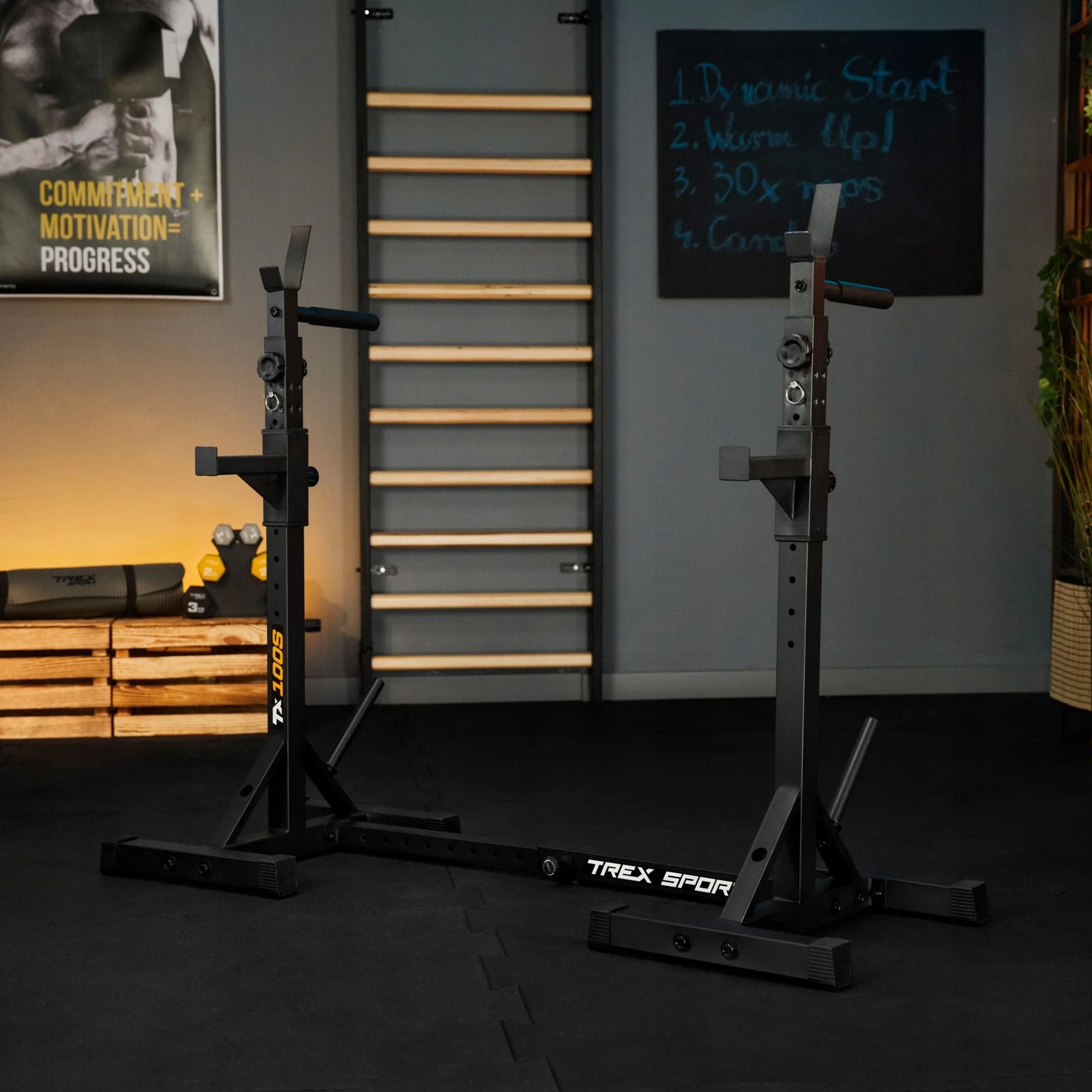 Barbell rack adjustable stands for exercise dips belaying Trex Sport Packaging status original