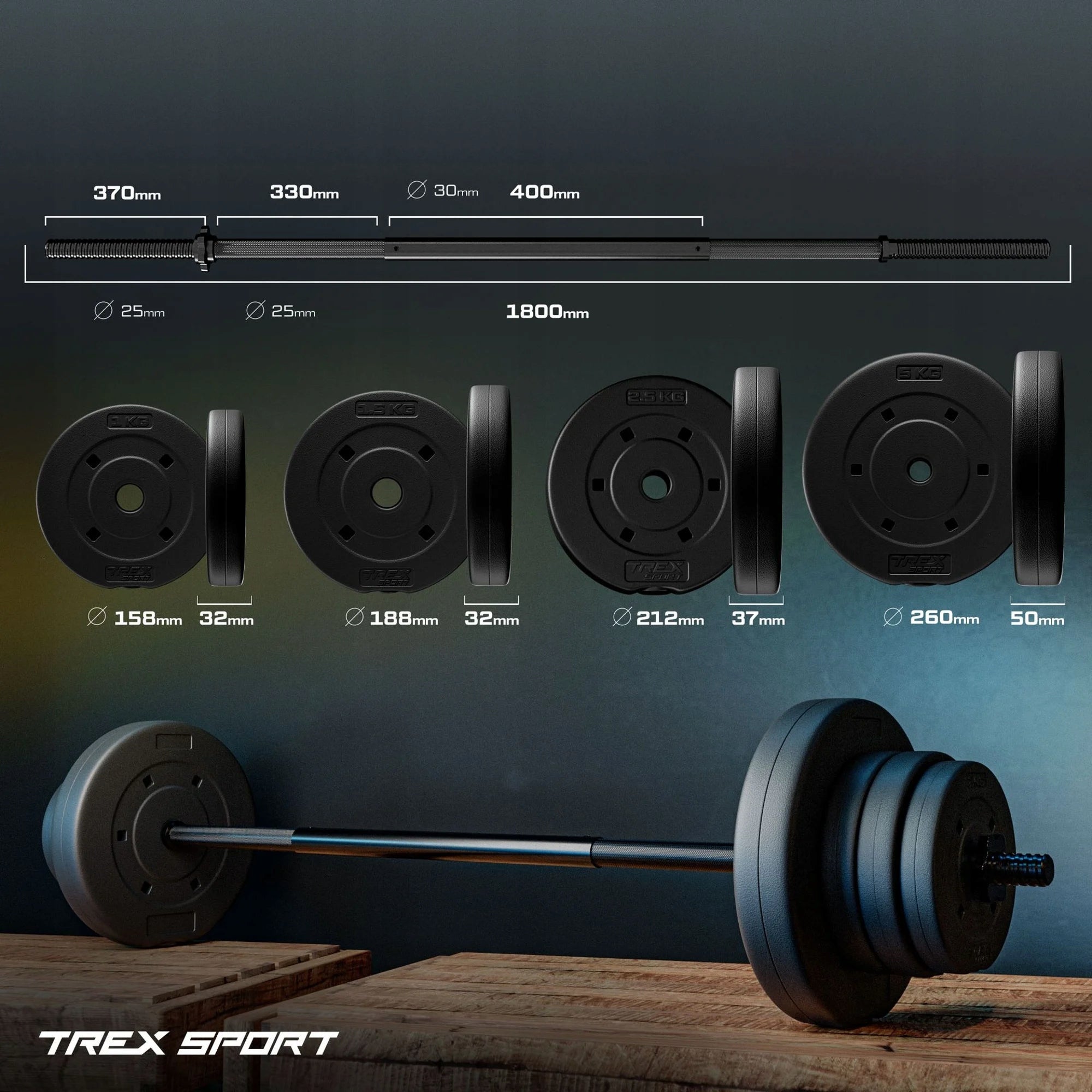 Barbell set with bituminous loads exercise neck 55kg Trex Sport Brand Trex Sport