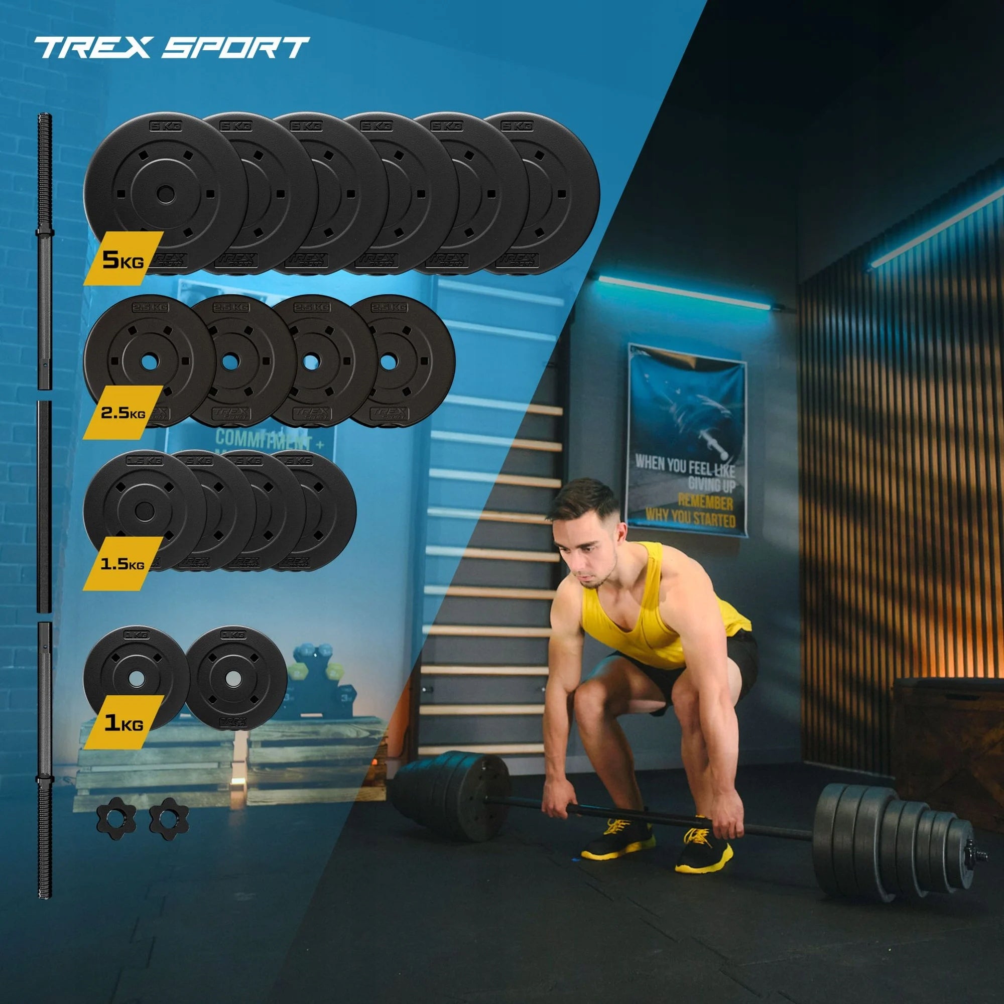 Barbell set with bituminous loads exercise neck 55kg Trex Sport Packaging status original
