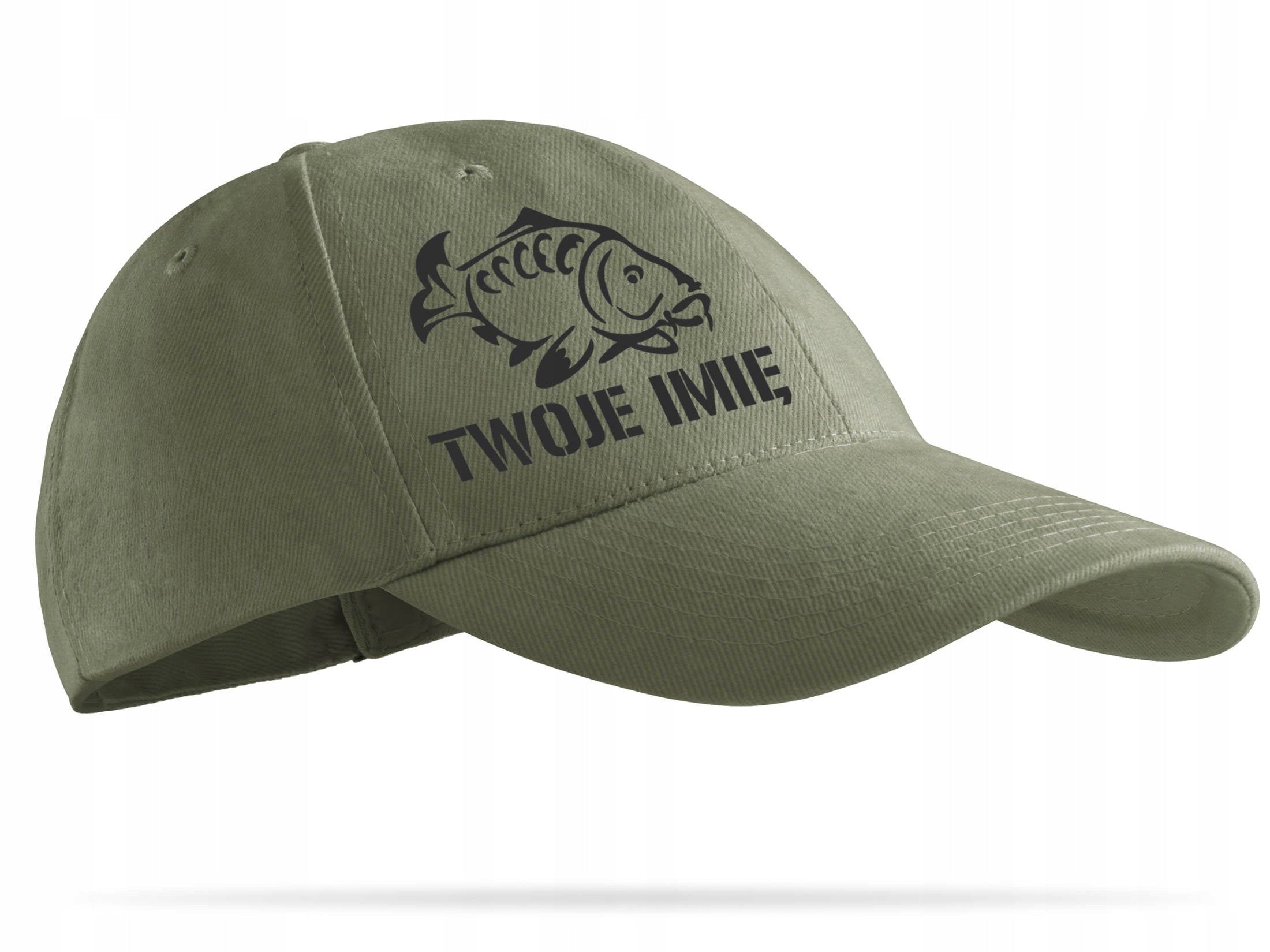Baseball cap for fish khaki wz. KARP + YOUR NAME gift for Angler Color green