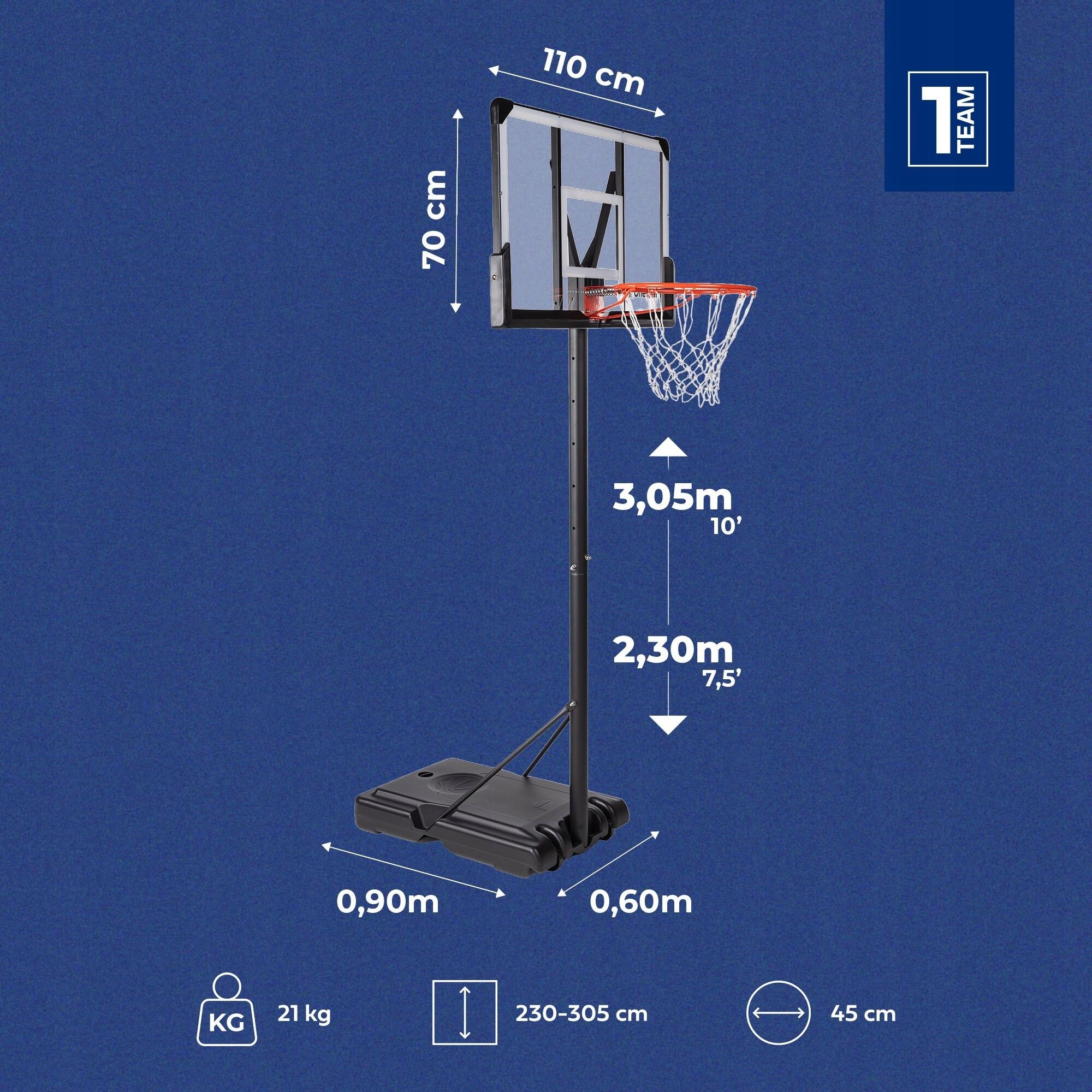 Basketball basket OneTeam BH06 Adjustable up to 305 cm Stable Mobile Wheels Packaging status original