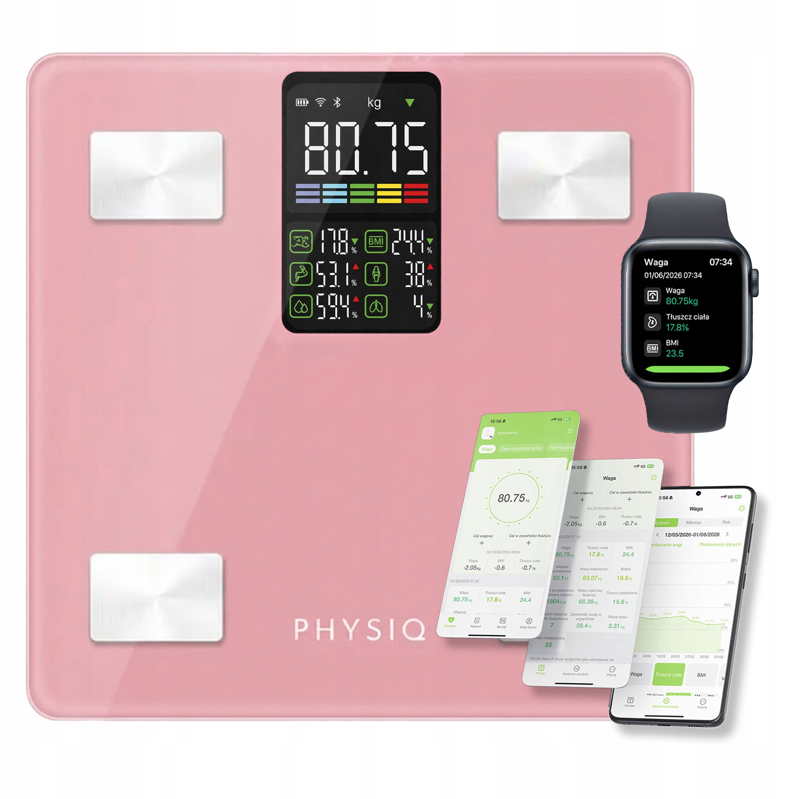 Bathroom Scale Analytical Sports 13 Parameters LCD ANDROID iOS Pink