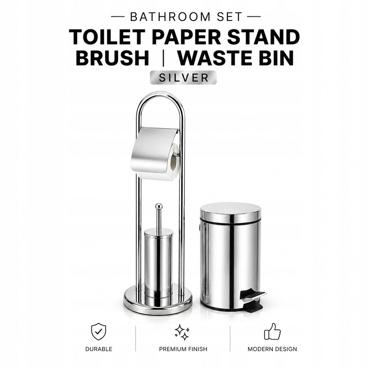 Bathroom Set 3in1 Silver – Toilet Paper Stand + Brush + Waste Bin