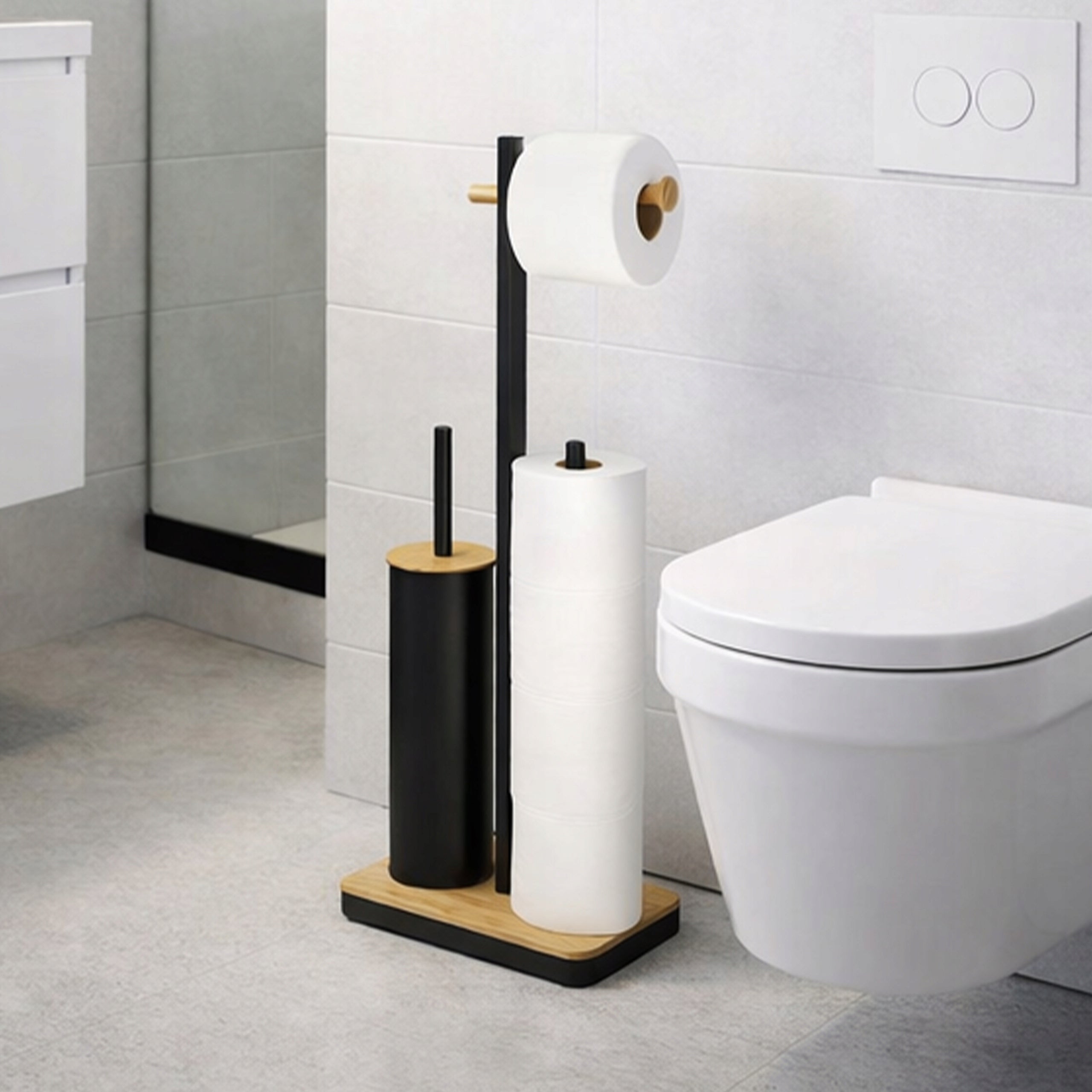 Bathroom Toilet Paper Rack and Trash Can Set Black Bamboo Packaging status original