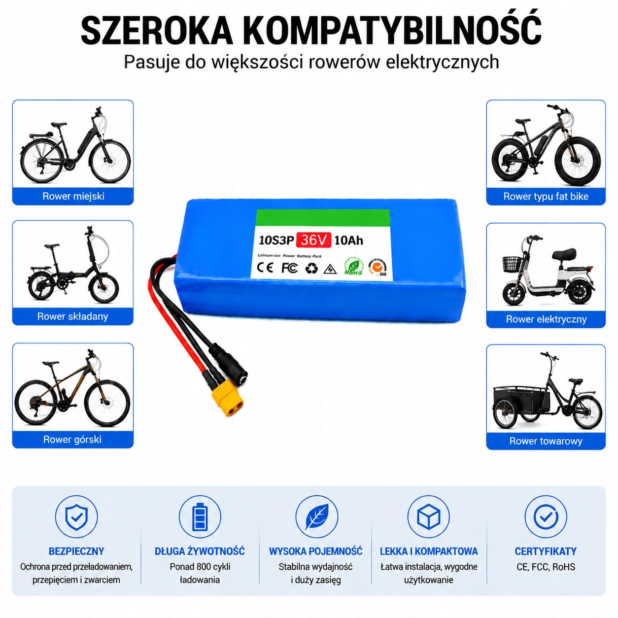 Battery 36V10Ah 360W Electric Bike 10S3P XT60 BMS Bafang Installation frame