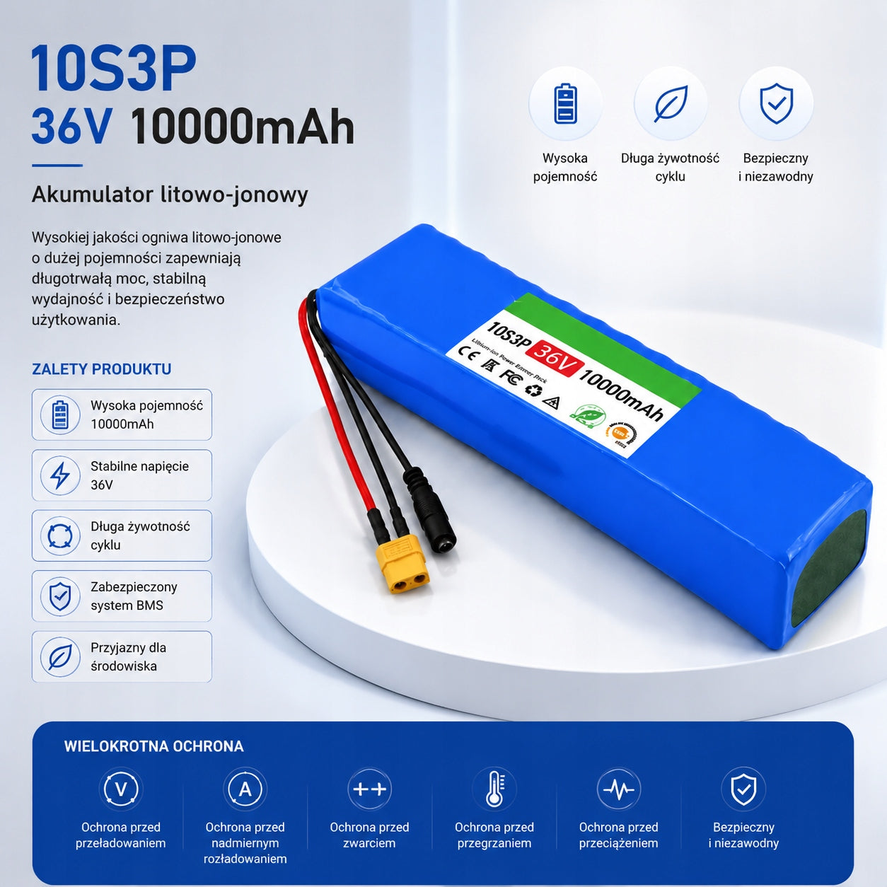 Battery 36V10Ah 360W Electric Bike 10S3P XT60 BMS Bafang Manufacturer code 36V-10s3p-XT60-DC-1B1C
