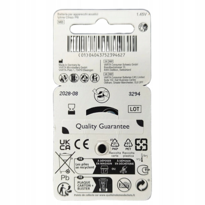 Battery Pack Hearing Aid Batteries 6-Pack 1.45V 13 Medical device no