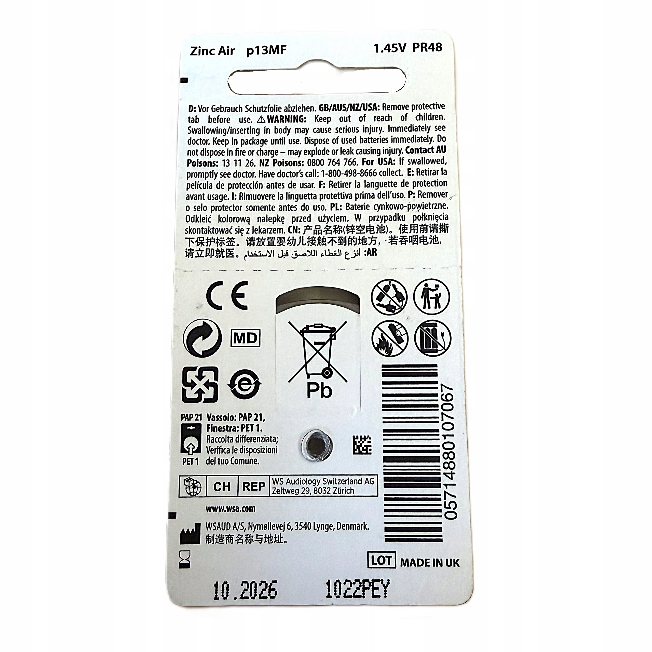Battery Pack Hearing Aid Batteries 6-Pack 1.45V 13 PR48 Zink Air Medical device no