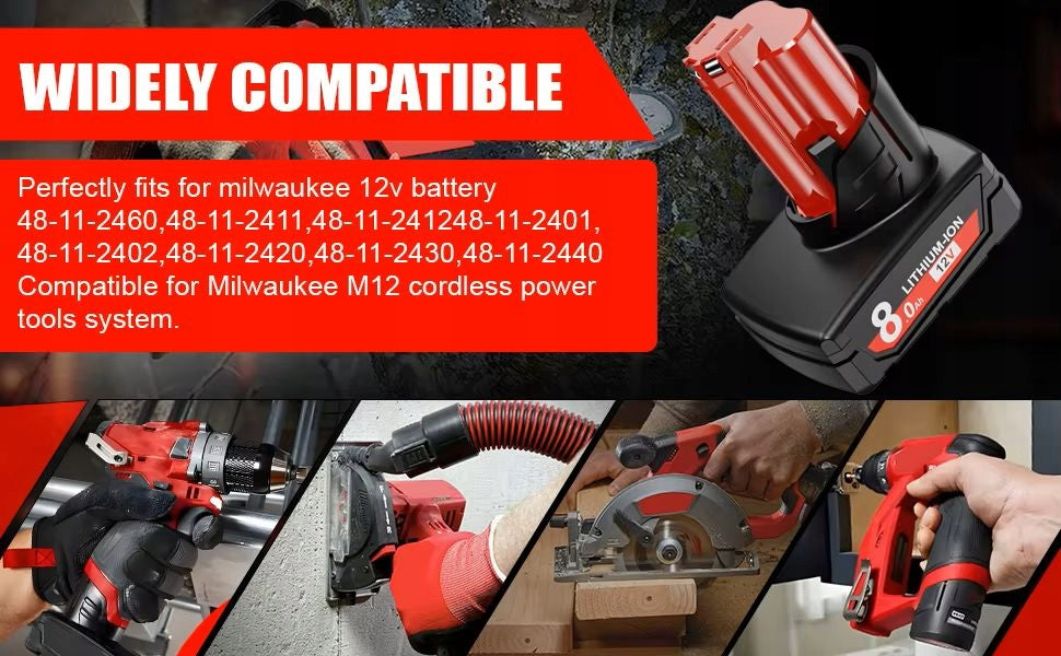 Battery Replacement Milwaukee M12 8.0Ah 12V 48-11-2402 48-11-2412 Series 8AH