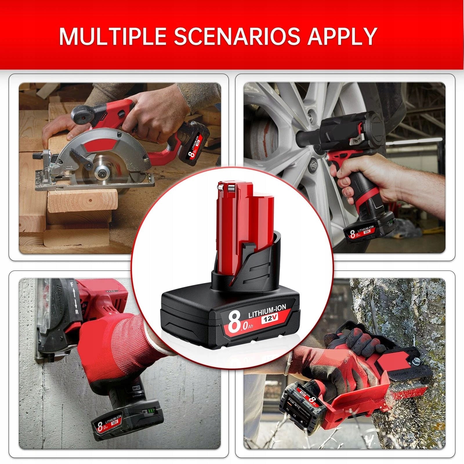 Battery Replacement Milwaukee M12 8.0Ah 12V 48-11-2402 48-11-2412 Voltage (V) 12 V