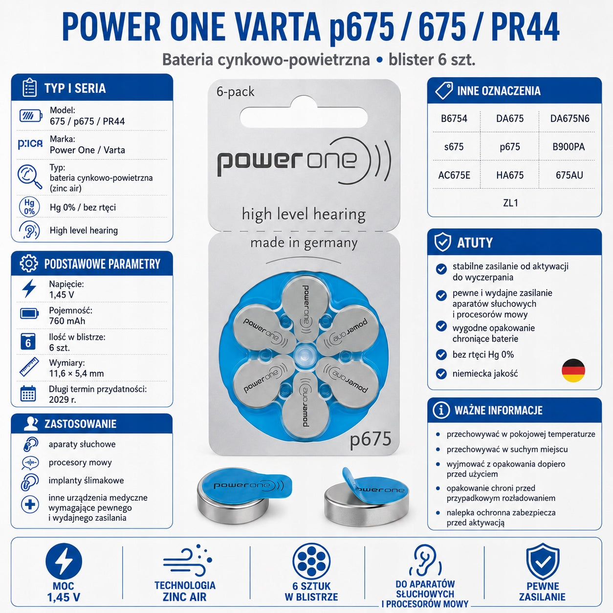 Battery for headphones POWER ONE 675 VARTA PR44 set of 180 Packaging status original