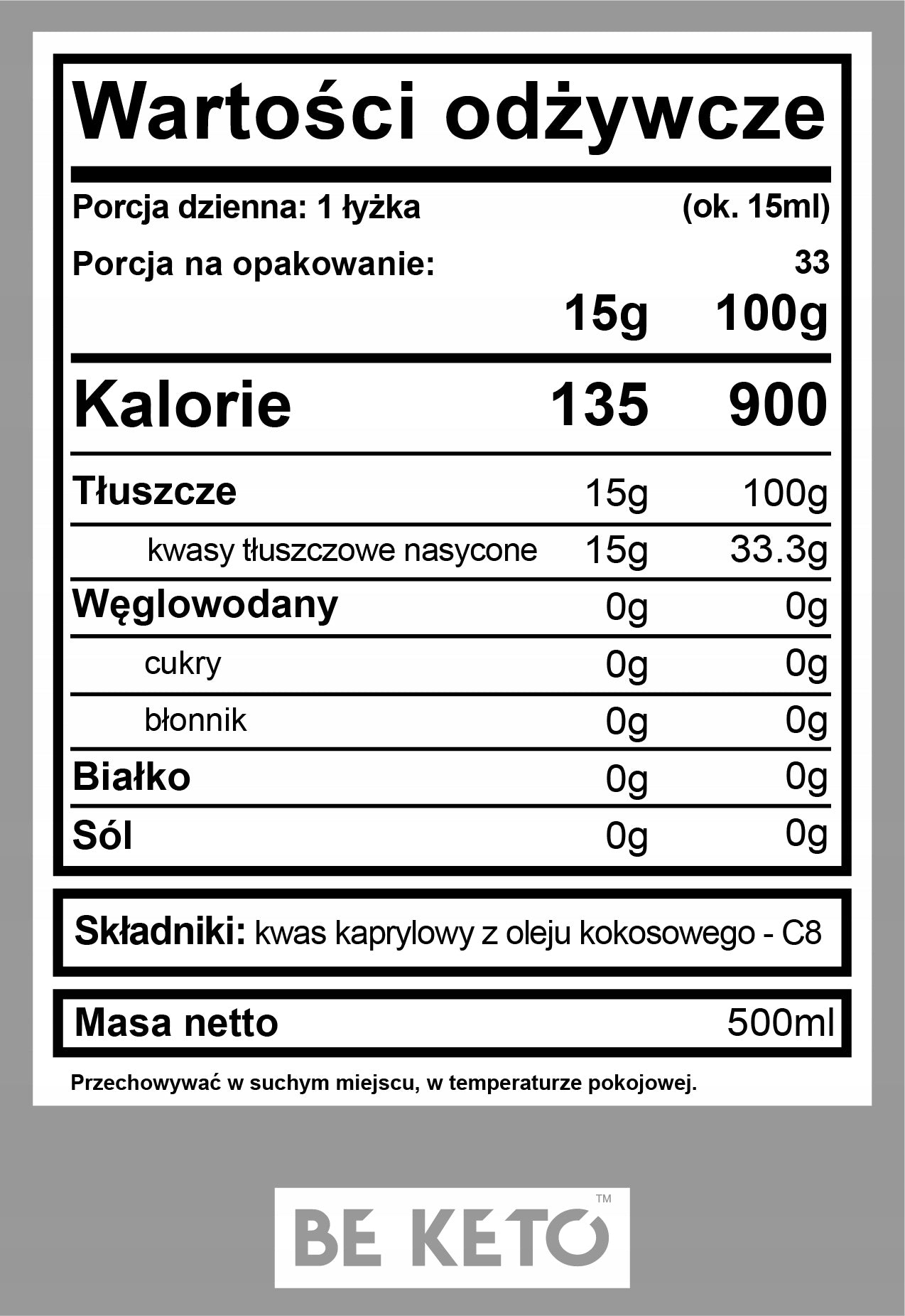 BeKeto MCT Oil 100% C8 500ml Effective Keto BE KETO Diet Manufacturer code BEK-7702