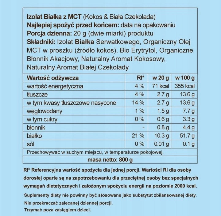 BeKeto PROTEIN ISOLATE WITH MCT Oil - Coconut & White Chocolate 800g LARGE Brand BeKeto