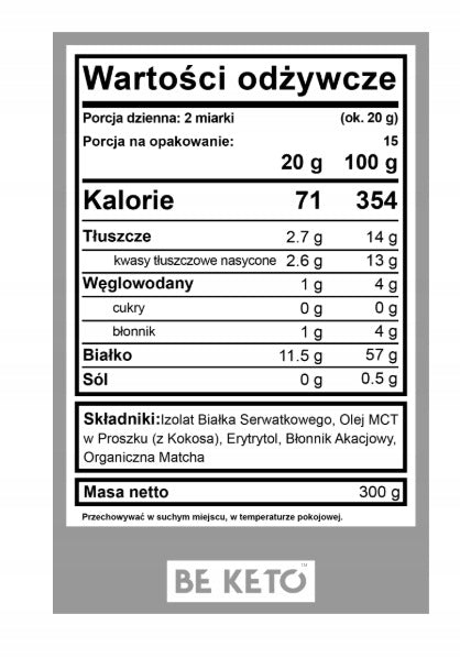 BeKeto Protein Isolate with MCT Oil Organic Matcha 300 g Expiration date at least 1 year from the date of purchase