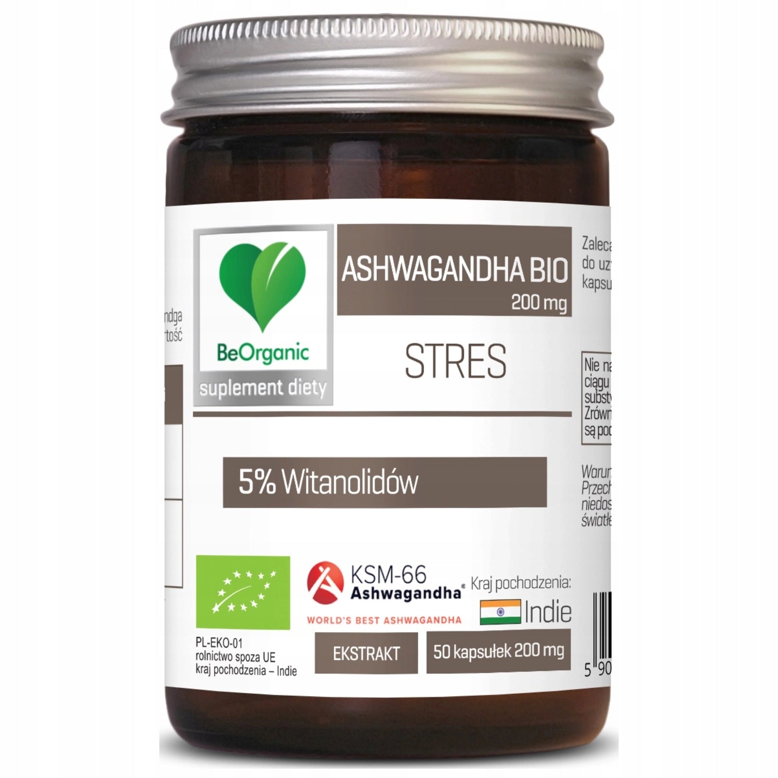 BeOrganic ASHWAGANHDA BIO KSM-66 200 mg 50 capsules STRESS RELAXATION NERVES SLEEP