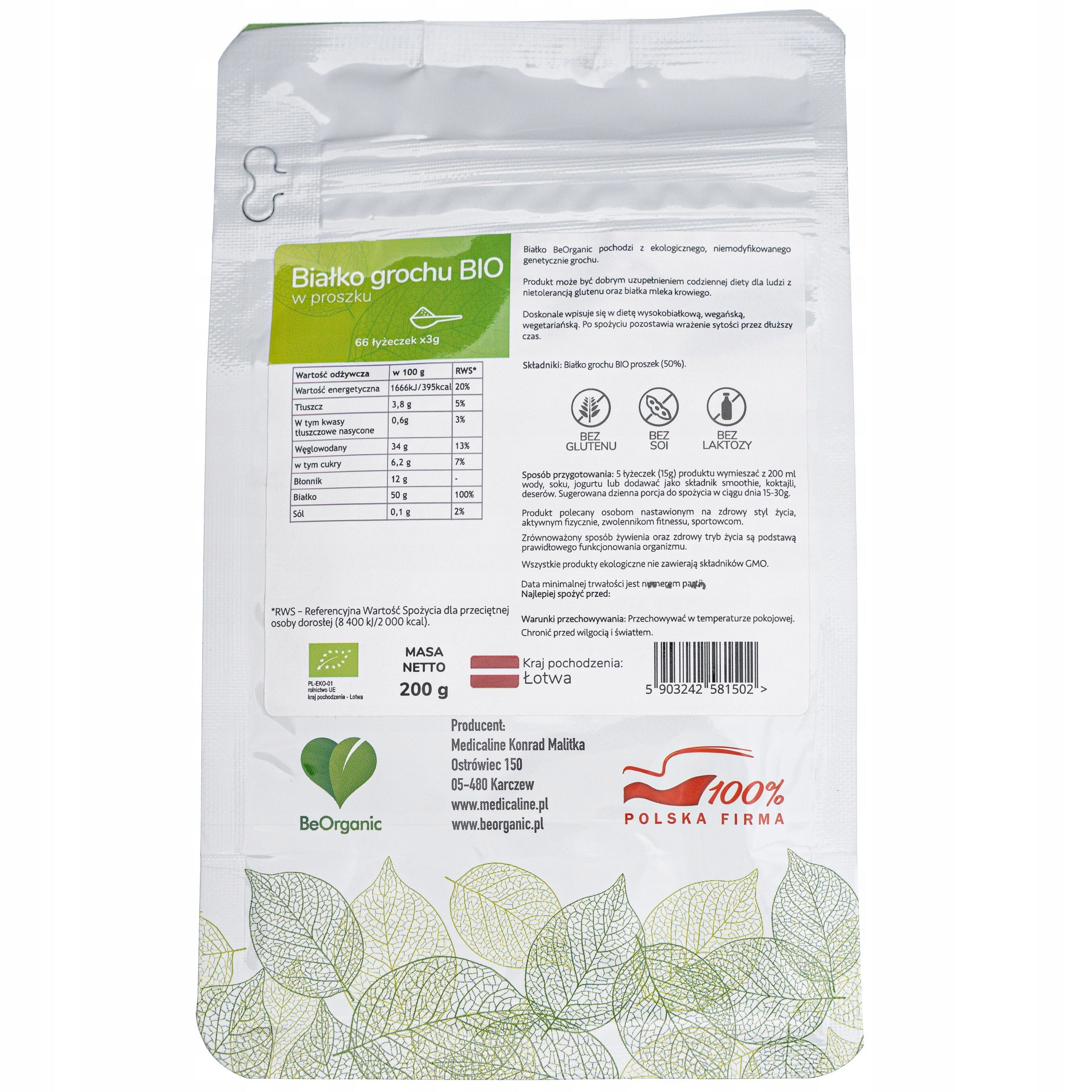BeOrganic Pea Protein BIO Powder 200g Packaging status original