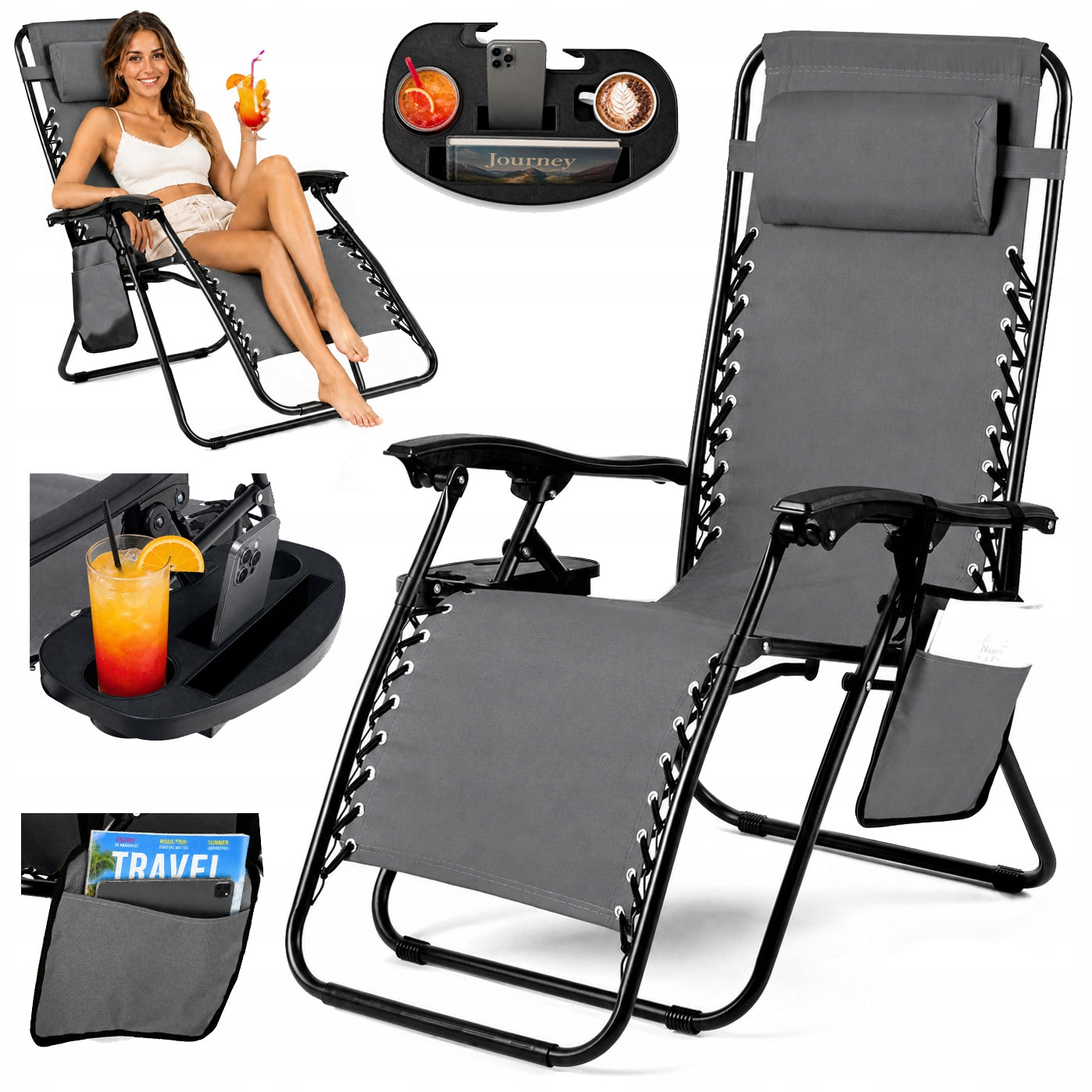 Beach Garden Lounger TRAY 4in1 Folding Armchair Adjustable LIGHT gravity