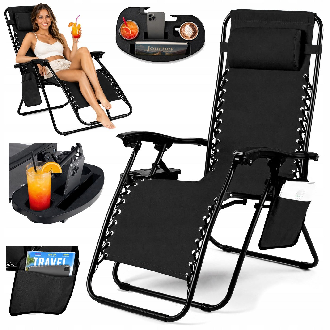 Beach Garden Lounger TRAY 4in1 Folding Armchair Adjustable LIGHT gravity