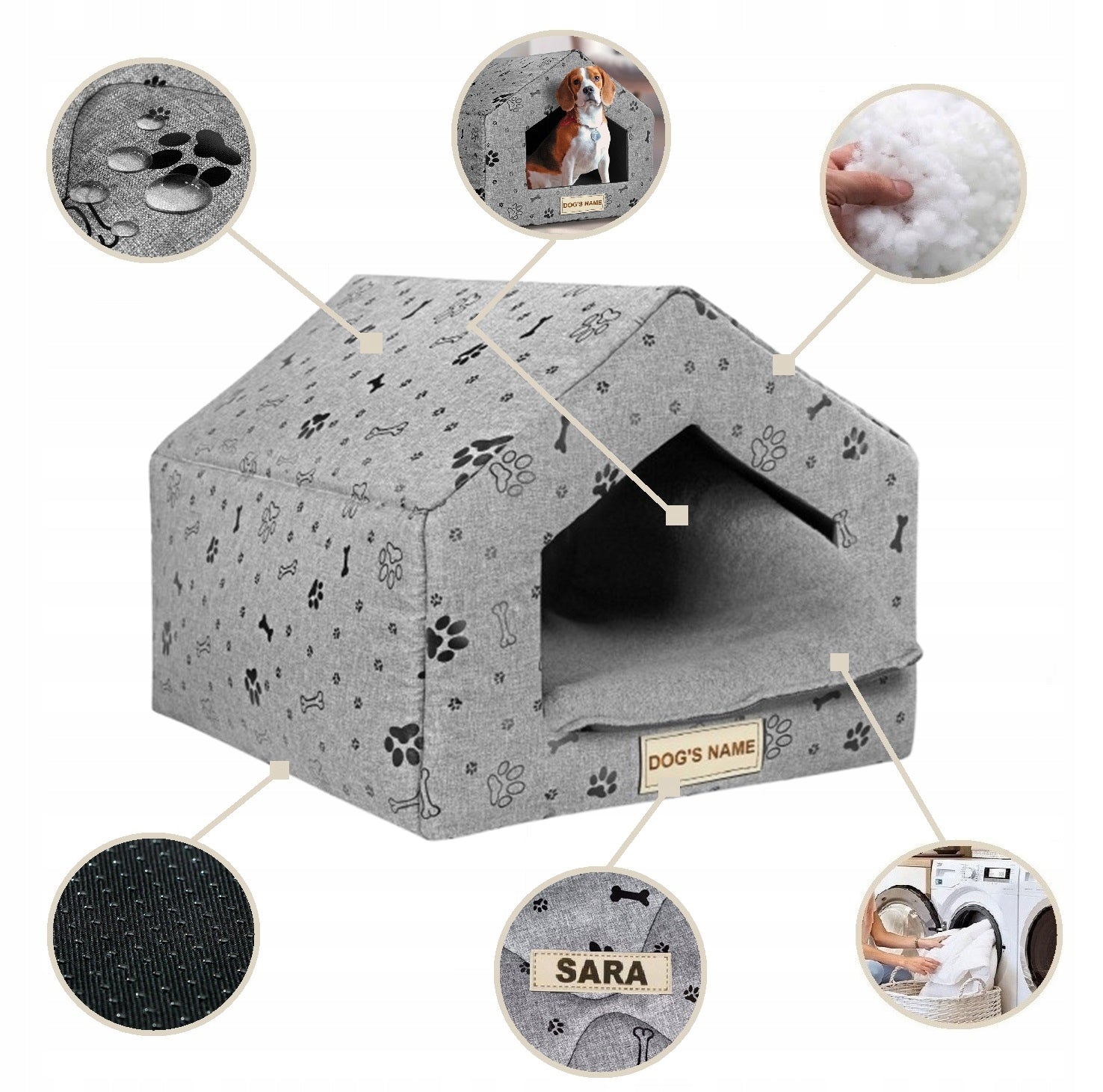 Bed Dog House Cat Booth Playpen for Dog Grey + Dog Name 50x40 cm Product width 40 cm
