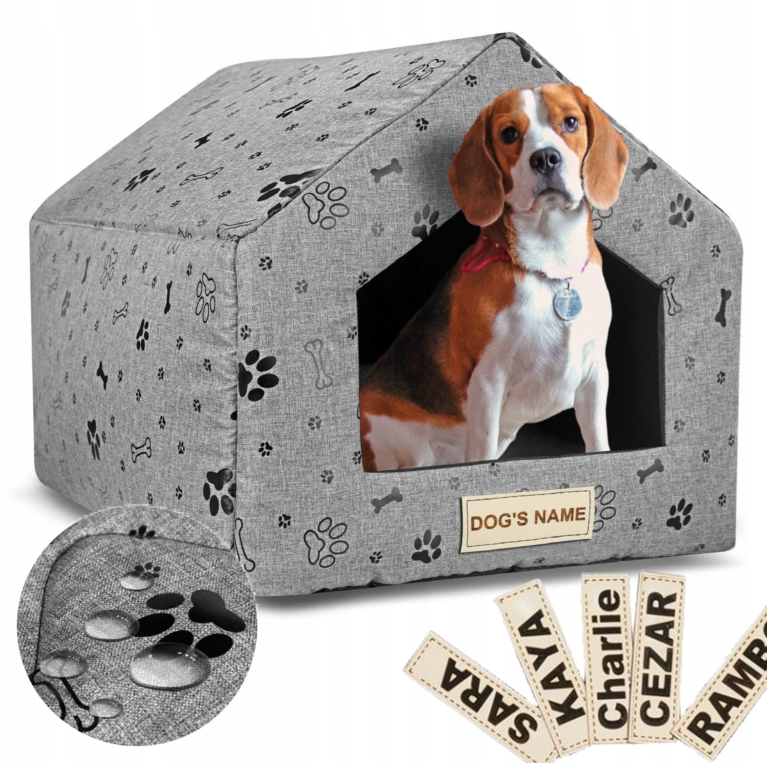 Bed Dog House Cat Booth Playpen for Dog Grey + Dog Name 50x40 cm