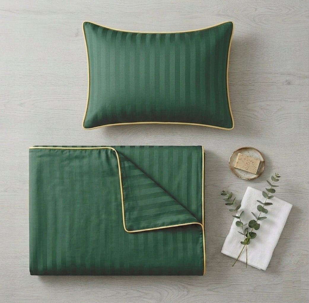 Bedding 140x200 SINGLE COLOR TRIMMED WITH PIPING damask WAR green + gold Packaging status original