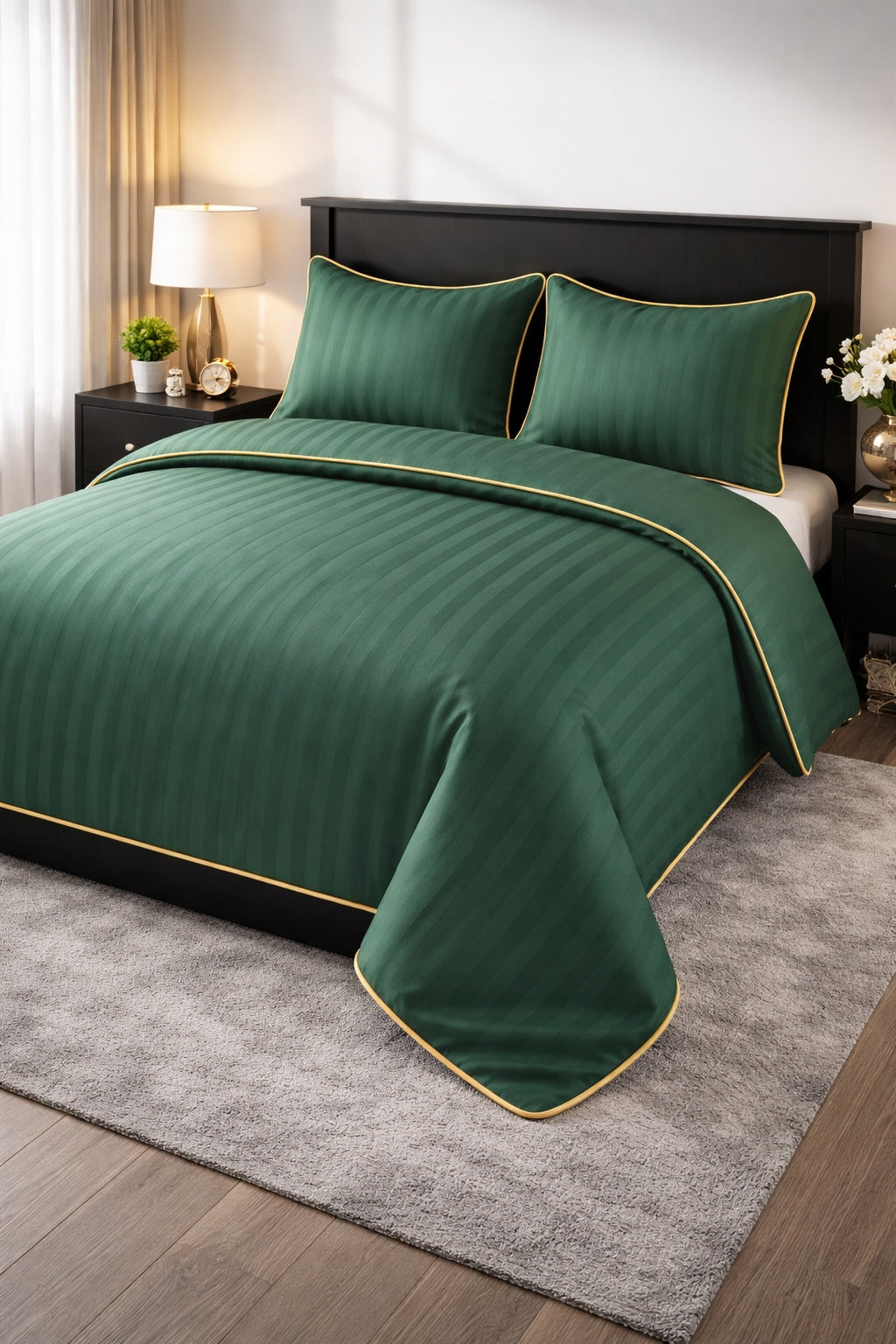 Bedding 160x200 SINGLE COLOR TRIMMED PIPING damask green + gold Packaging status original