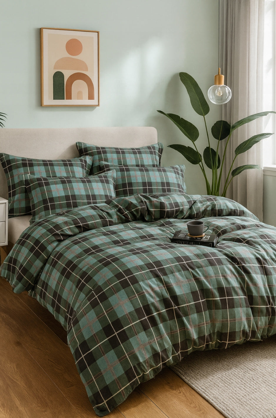 Bedding 160x200 cotton natural pillowcase set pattern lattice green Manufacturer code KOMPLET POŚCIELI 160/200 BAWEŁNA NA PREZENT