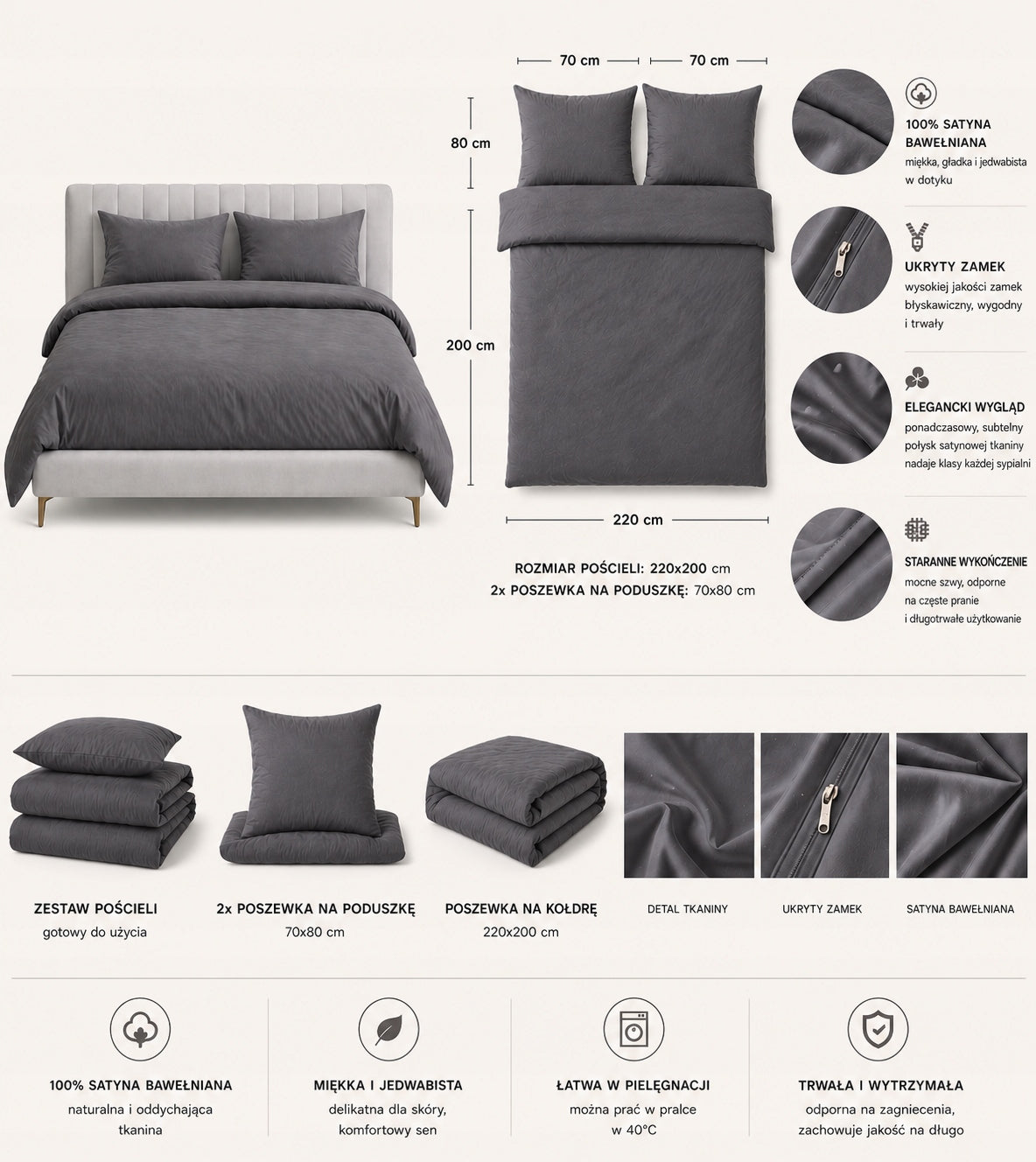 Bedding 220x200 Satin Cotton Grey 2x70x80 Luxury Material cotton satin
