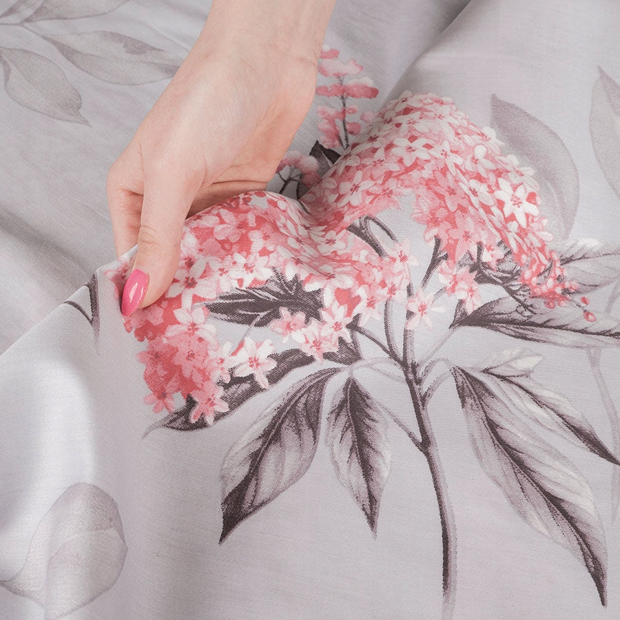 Bedding Set 220x200 cm Grey with Pink Flowers and Green Leaves Comforter cover width 220 cm