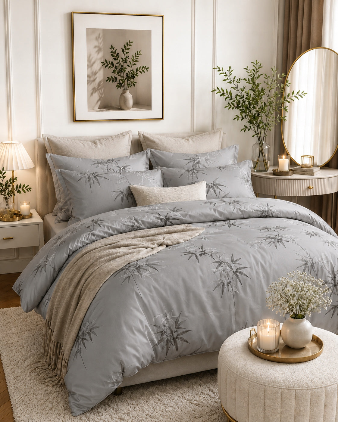 Bedding set 100% cotton Mengtianzi B-16710 grey flowers 200x220 3el