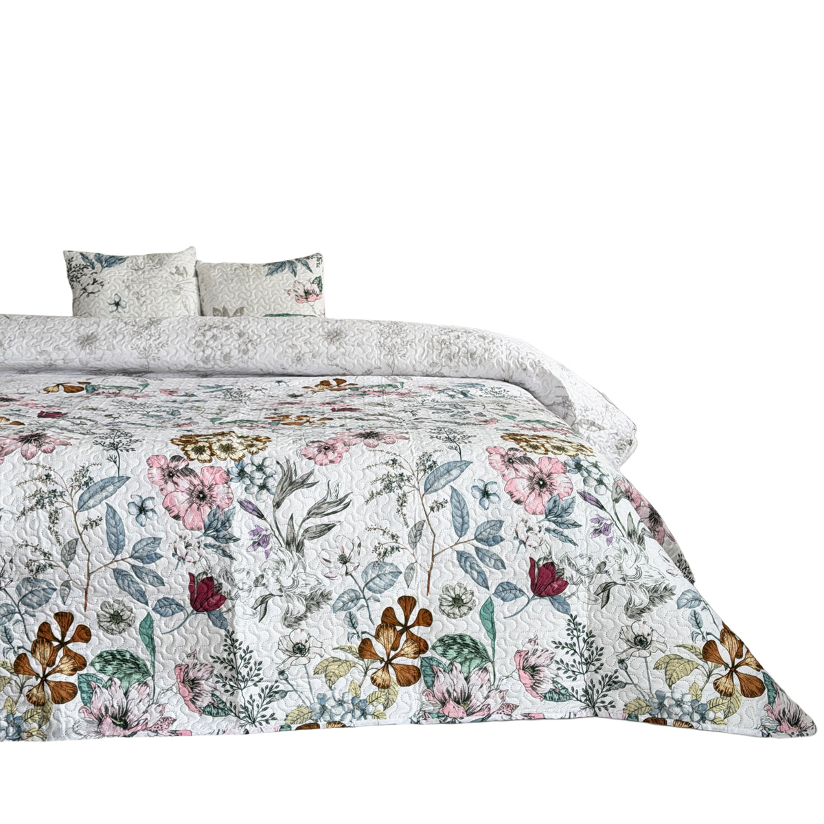 Bedspread Tavira White Colorful Flowers Leaves 180x220 cm + pillowcases