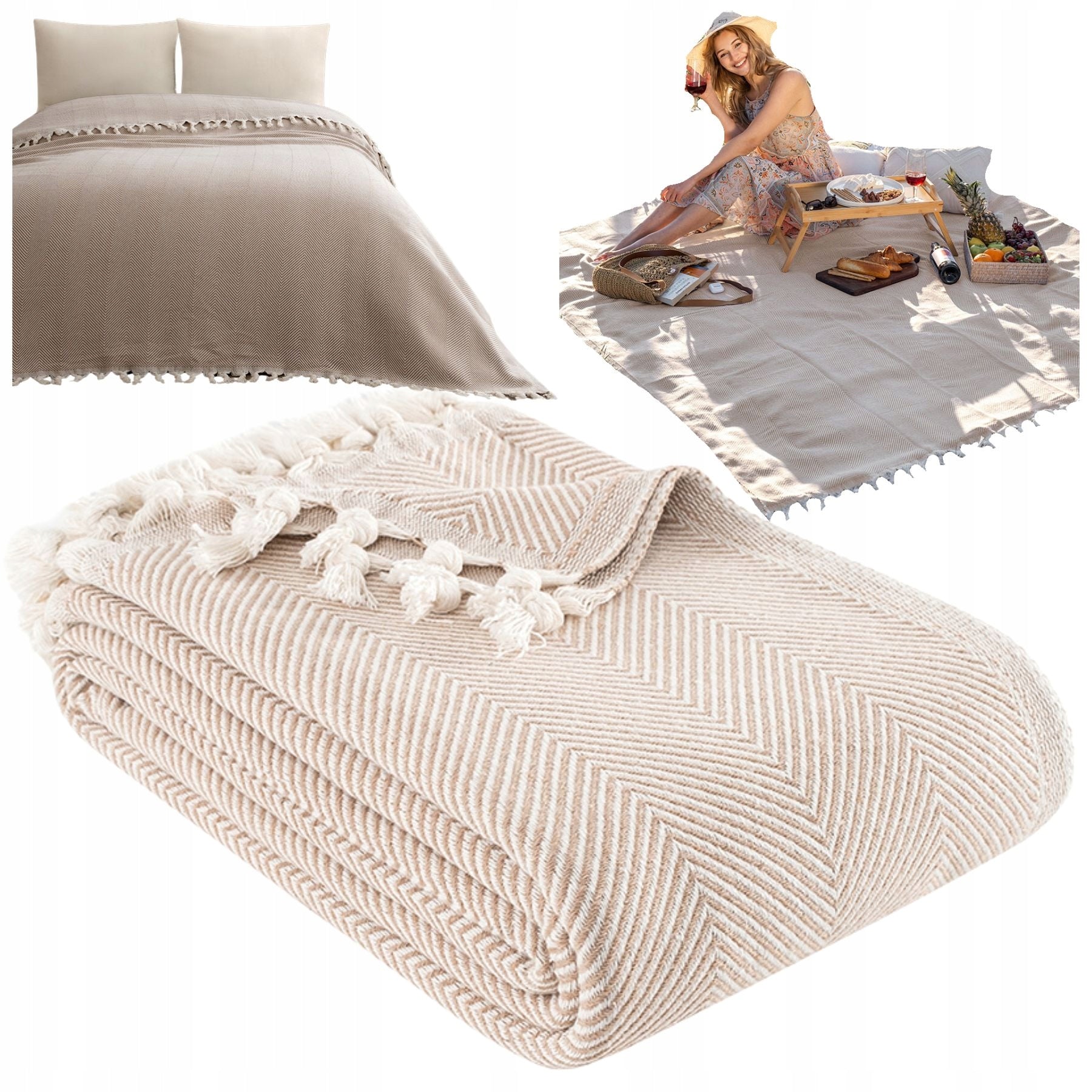 Bedspread couch beach picnic cotton 180x200 MIREN beige