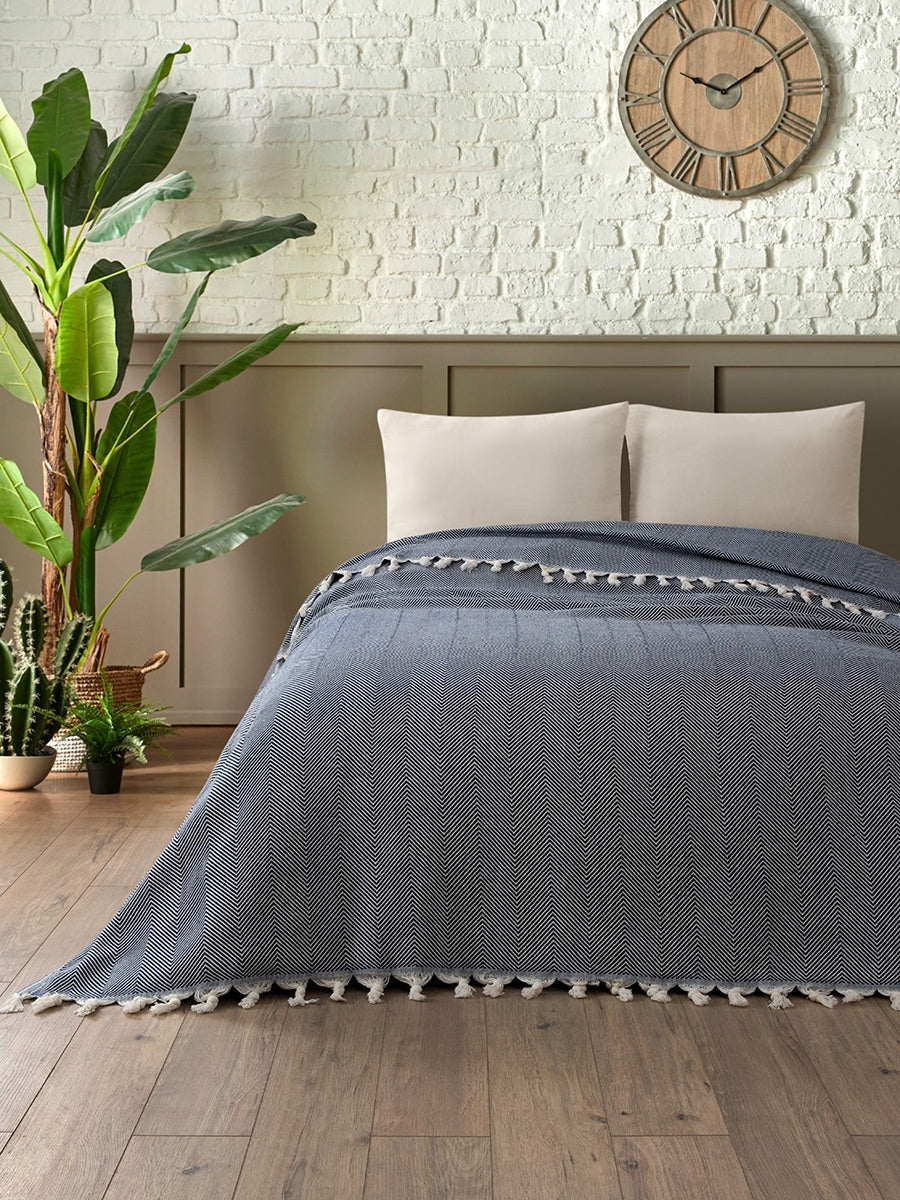 Bedspread couch beach picnic cotton 180x200 MIREN navy blue Packaging status original
