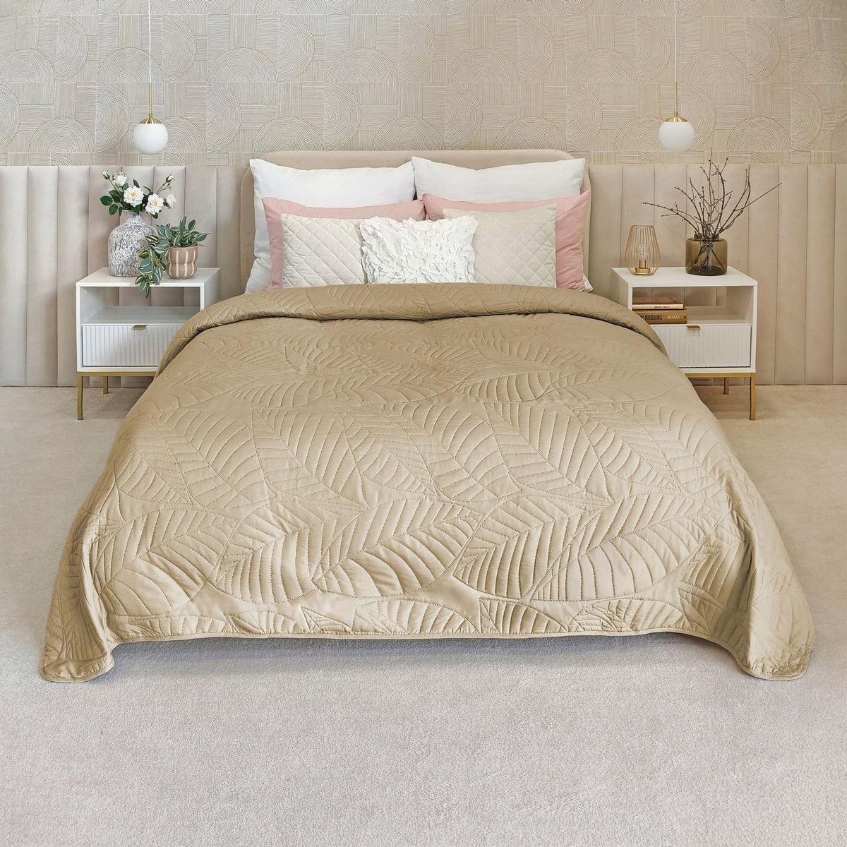 Bedspread sofa 220x240 QUILTED in leaves microfiber Corrado BEIGE Brand Łóżkoholicy