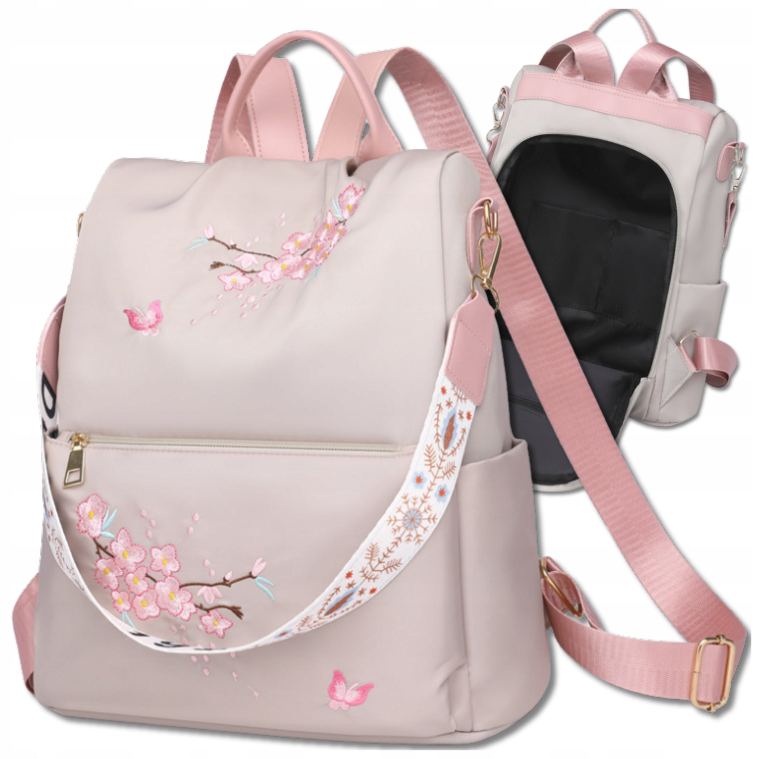 Beige BACKPACK ROOMY 2in1 BAG Waterproof Shoulder With Flowers Women's