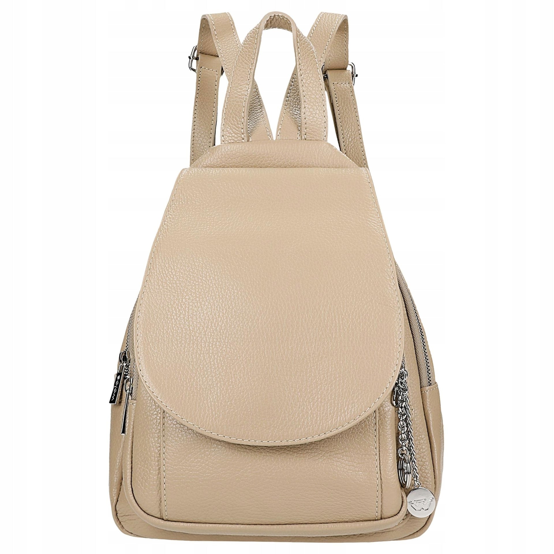 Beige Leather Women's Backpack with Silver Pendant