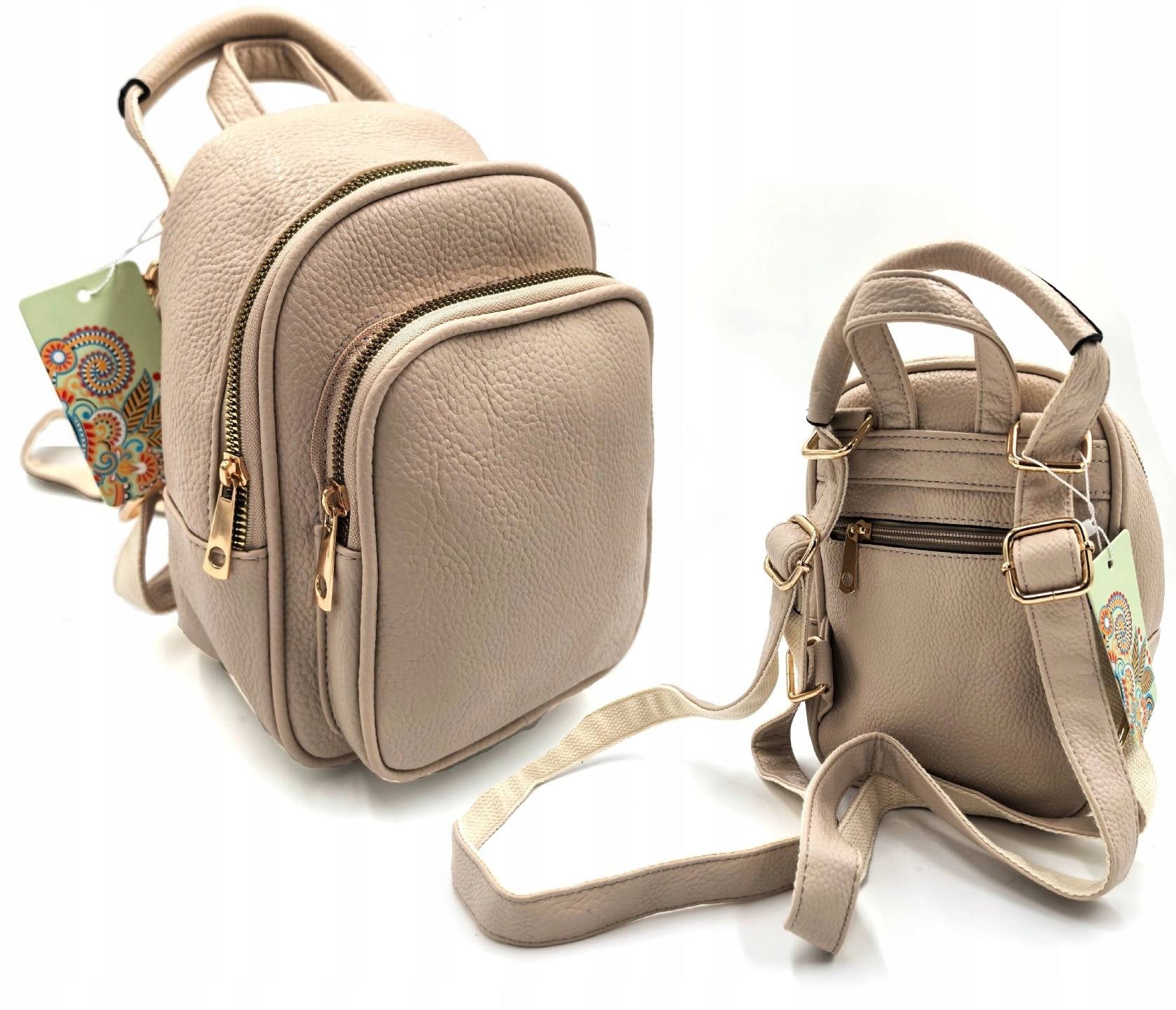 Beige Women's Backpack Mini Elegant and Practical Gold Accessories 3 Compartments