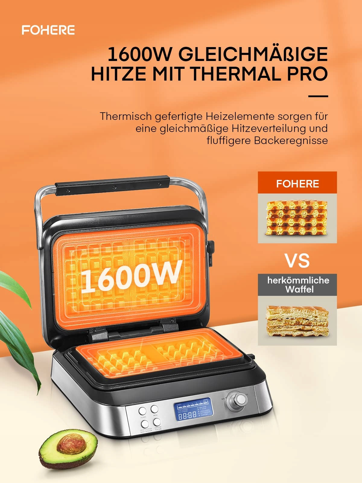 Belgian 1600W LCD Waffle Iron – Temperature Control, New Power rating 1600 W